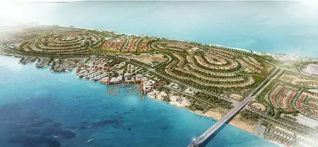 Aerial view of Hudayriyat Island and its bridge to Abu Dhabi
